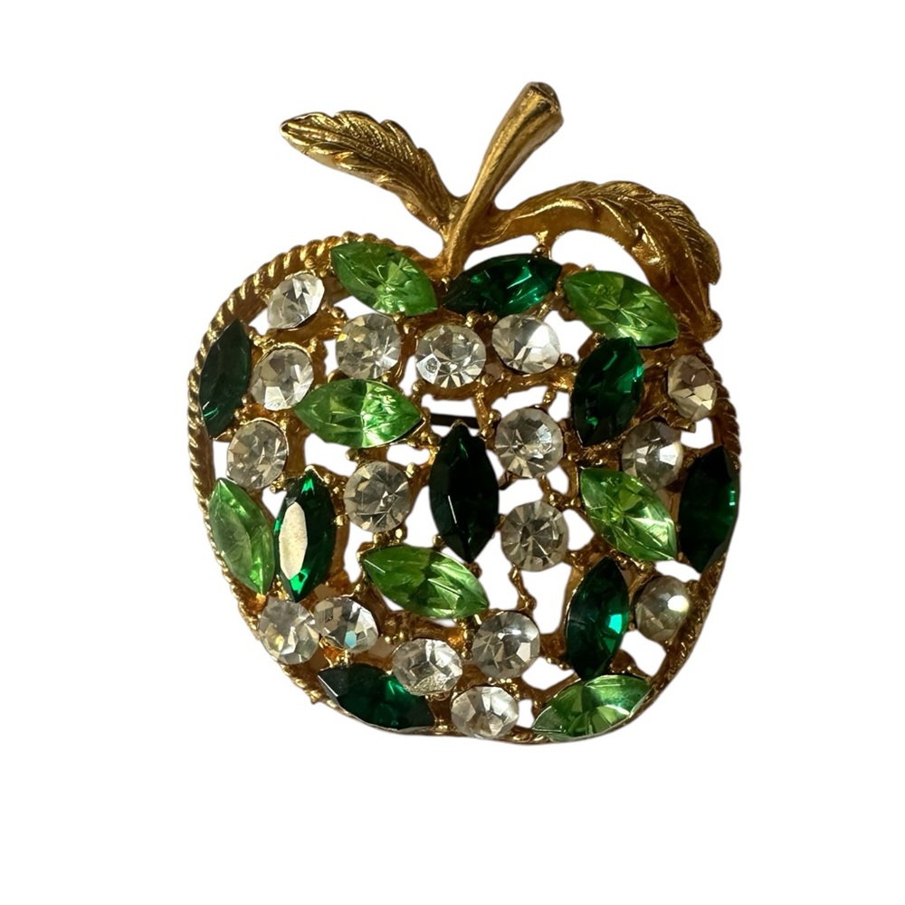 Gold-Tone Apple Brooch with Green and Clear Rhinestones